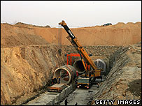 Workers constructing water pipes on the outskirts of Beijing, 19 February 2008