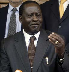 Opposition leader Raila Odinga talks to the media Monday in Nairobi.